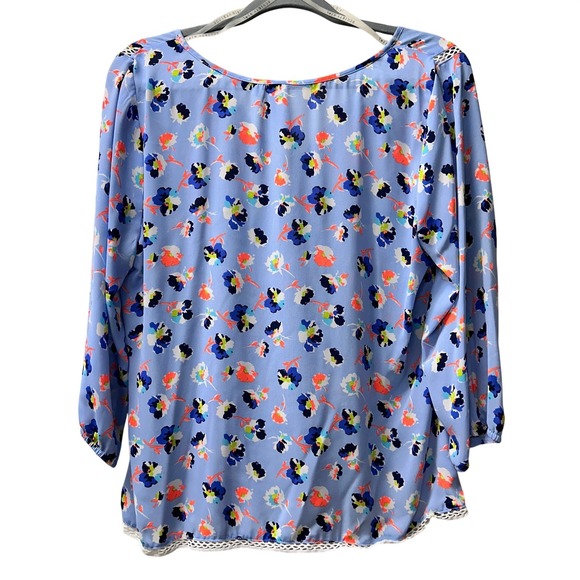 Society Girl Blue Floral Crochet Trim Blouse XL 3/4 Sleeve - Picture 2 of 8